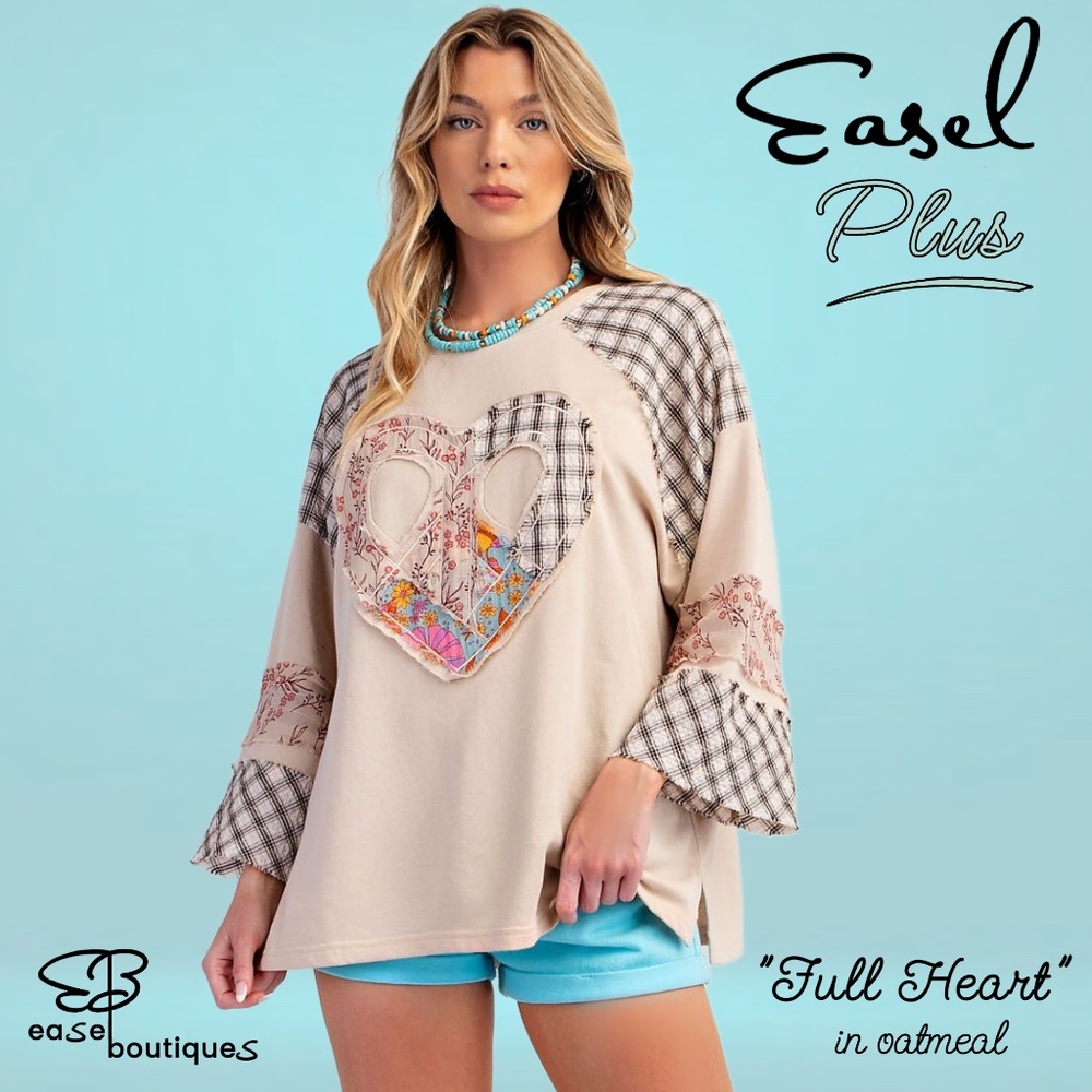 EASEL "Full Heart" Cotton Terry Mix Fabric & Print Embroidered Raw Frayed Edges